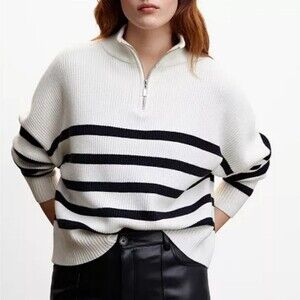 Women's White and Black Striped 3/4 Zip Sweater - NWOT